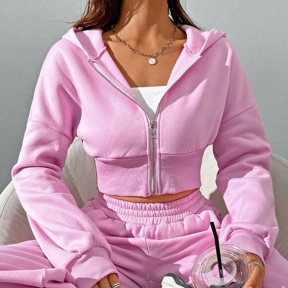 Pink Casual Women's Spring Zip Front Hooded Sweatshirt And Pants Two Piece Set - Picture 2 of 7